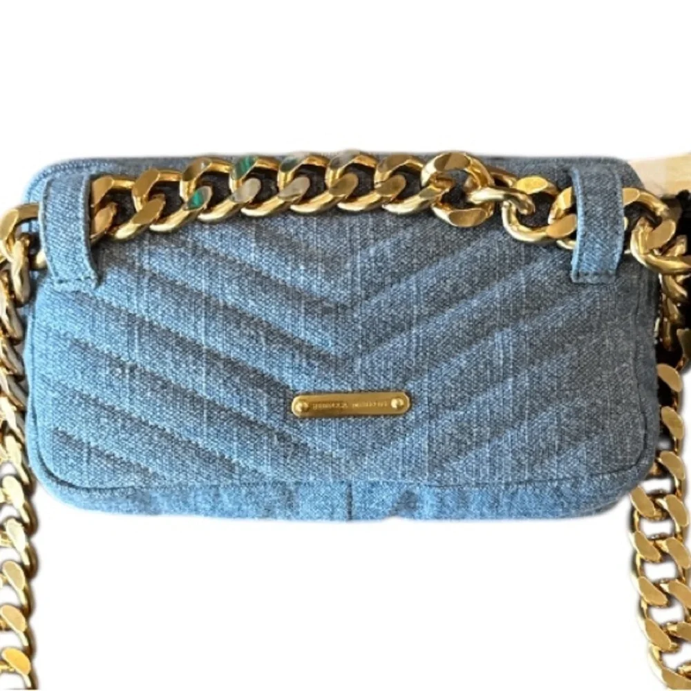 Rebecca Minkoff Eddie Blue Denim Chevron Quilted Gold Chain Belt Bag NWT